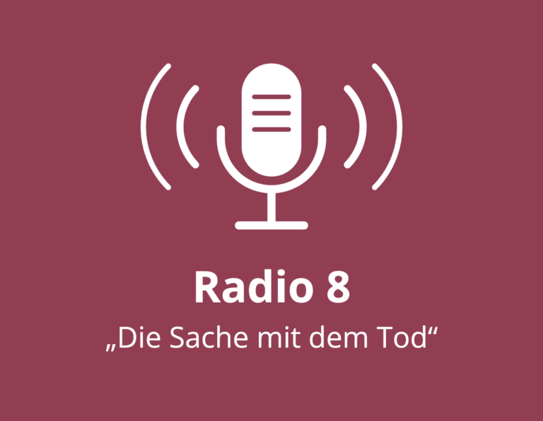 Grafik: Mikrofon mit Schallwellen, darunter Radio 8 „Die Sache mit dem Tod“