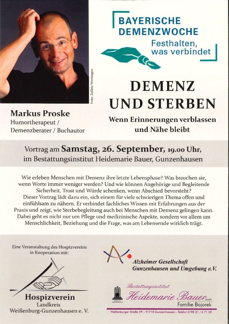 Plakat „Demenz und Sterben“: Vortrag von Markus Proske am Samstag, 26. September, 19 Uhr im Bestattungsinstitut Heidemarie Bauer