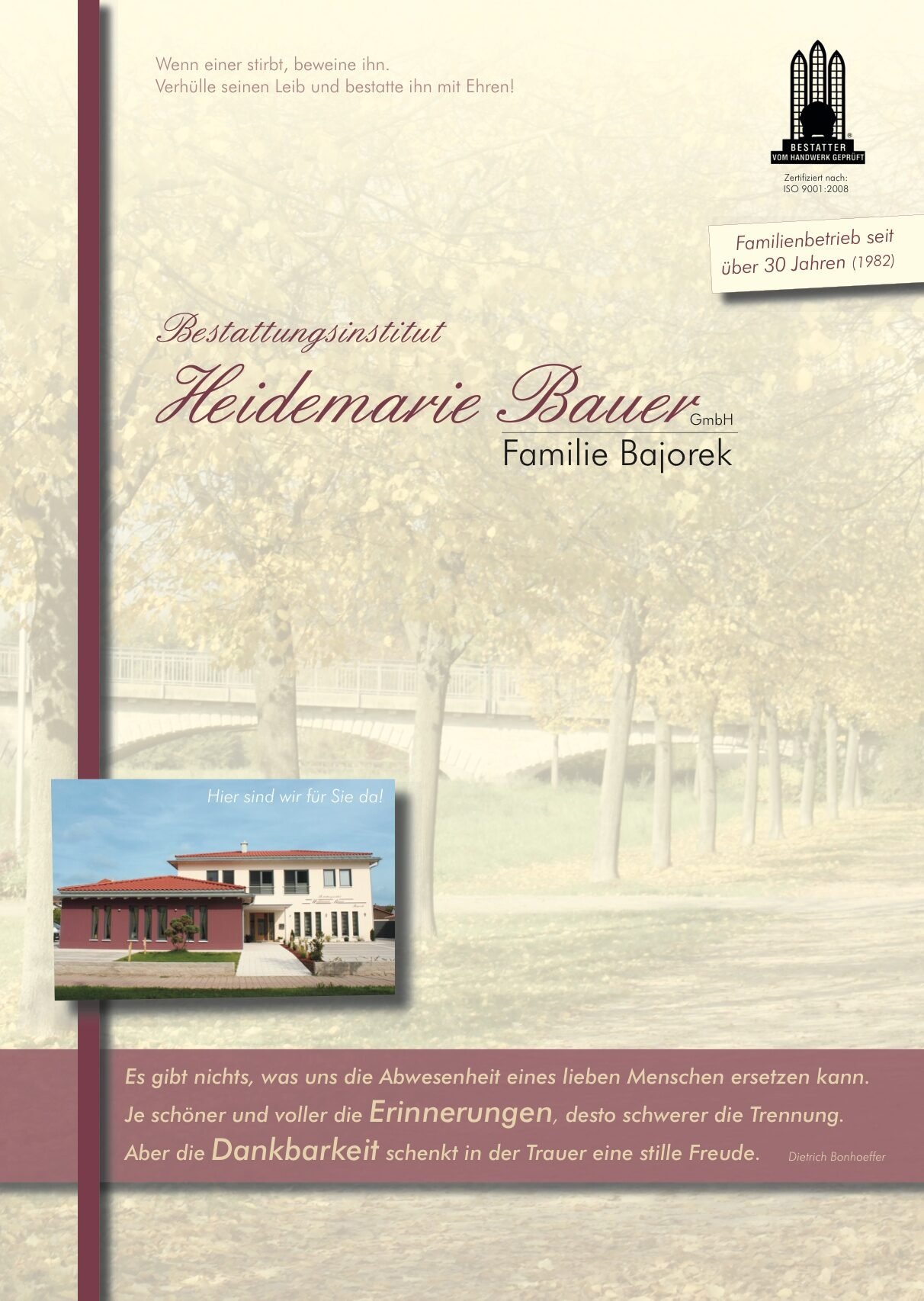 Hausbroschüre des Bestattungsinstituts Bauer, Seite 1