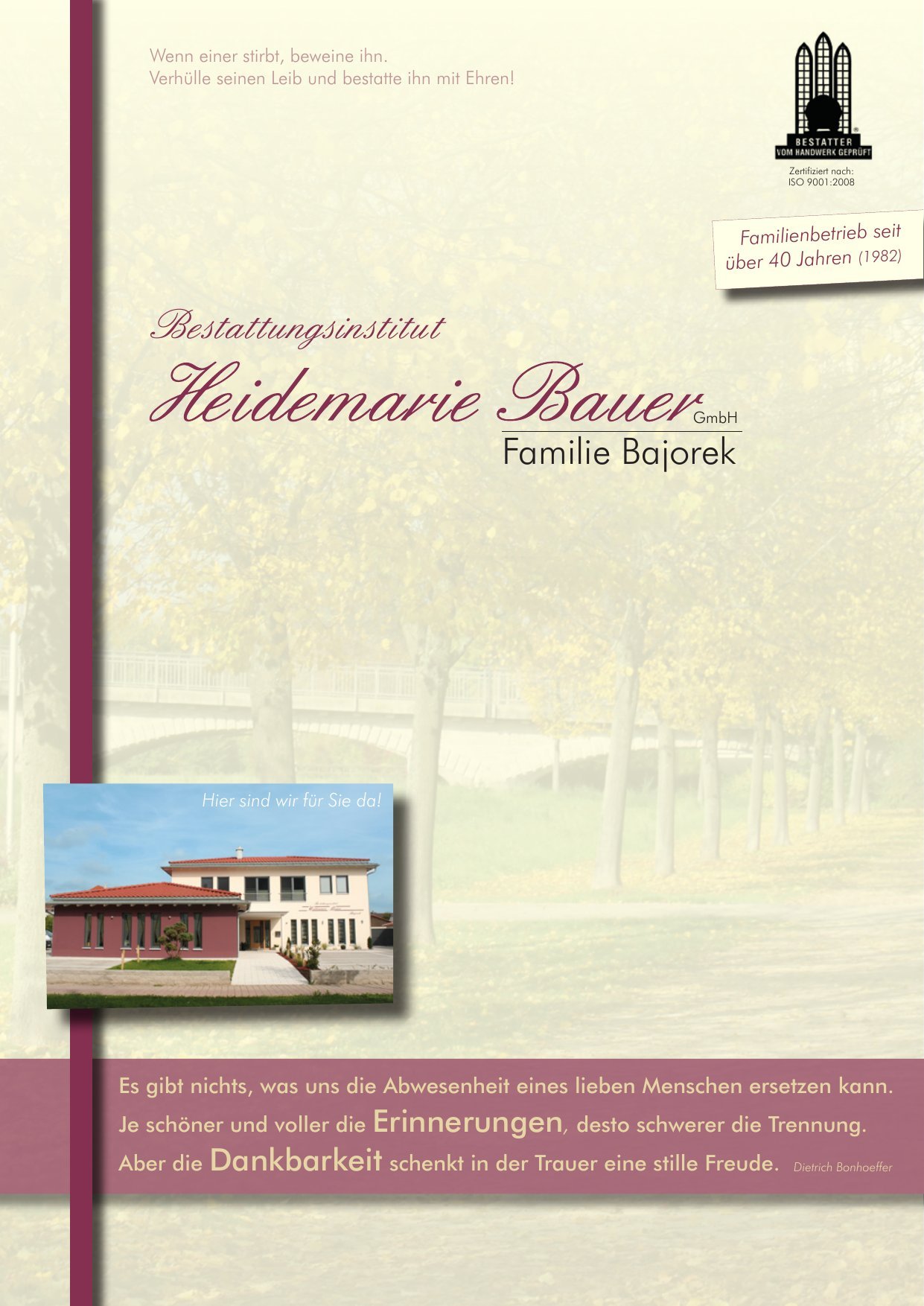 Hausbroschüre des Bestattungsinstituts Bauer, Seite 1